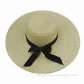 Women's Paper Straw Sun Hat, Embellished with Black Ribbon Bowknot